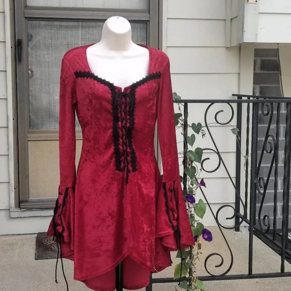 90s Lip Service Hi Low Red Velvet Laced Top with Bell Sleeves Small - Picture 4 of 14